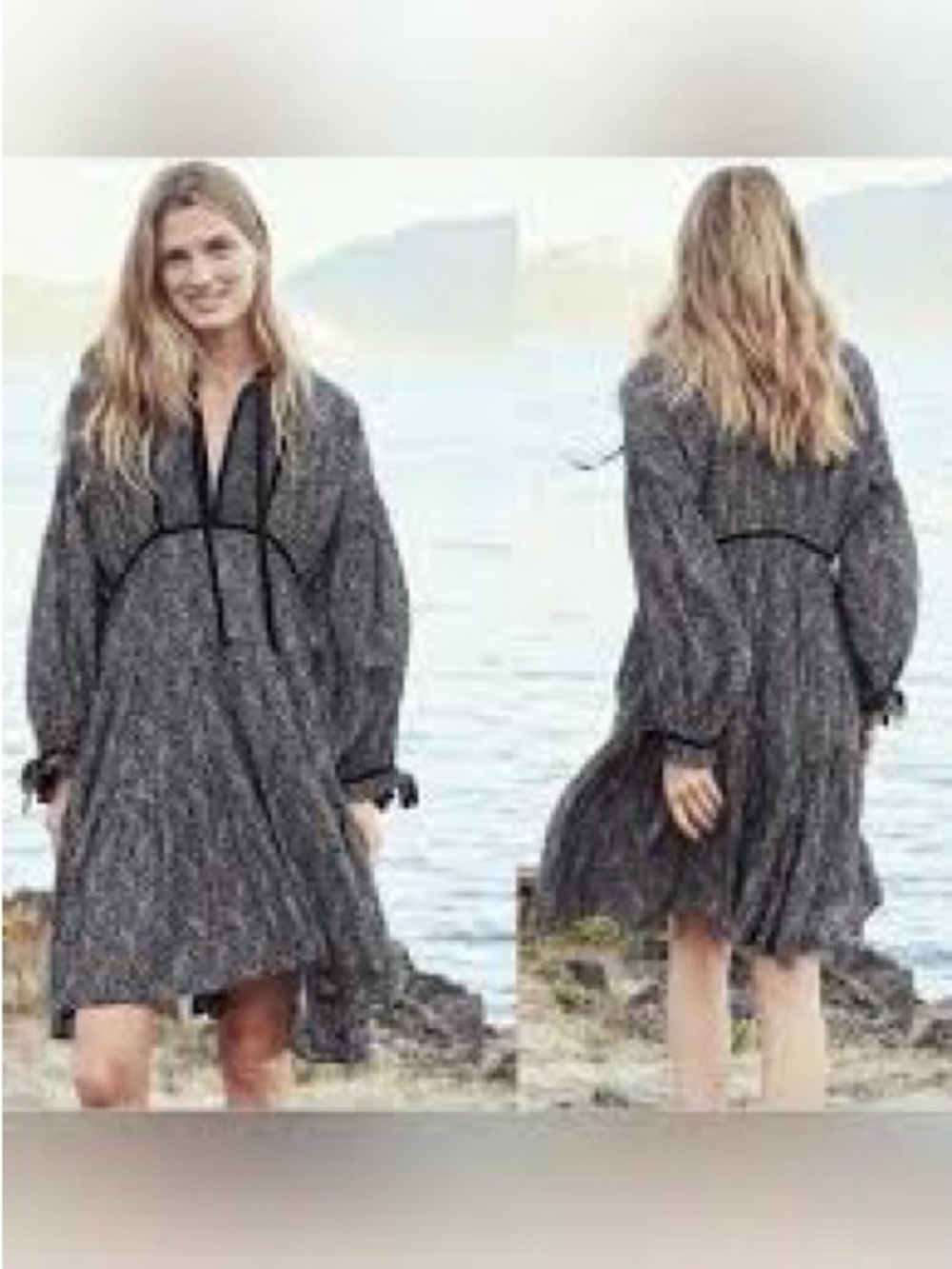 Doen Women's Black and white Long-Sleeve V-Neck Dress small cotton